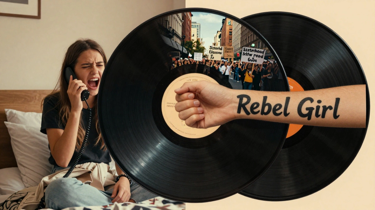 Global scenes of girls screaming, protesting, and tattooing &#039;Rebel Girl&#039; in cinematic unity.