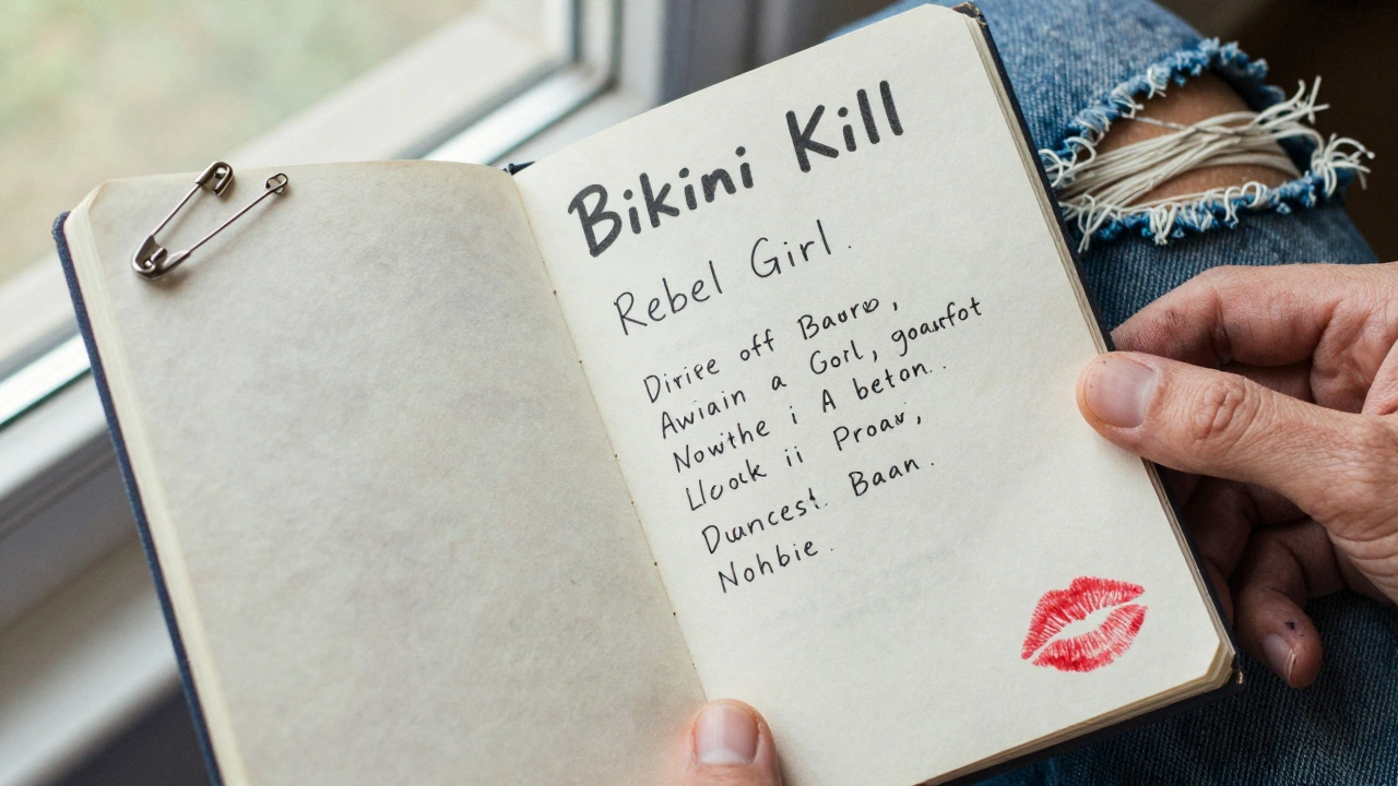 Handwritten lyrics of &#039;Rebel Girl&#039; in a DIY zine with safety pins and lipstick marks.