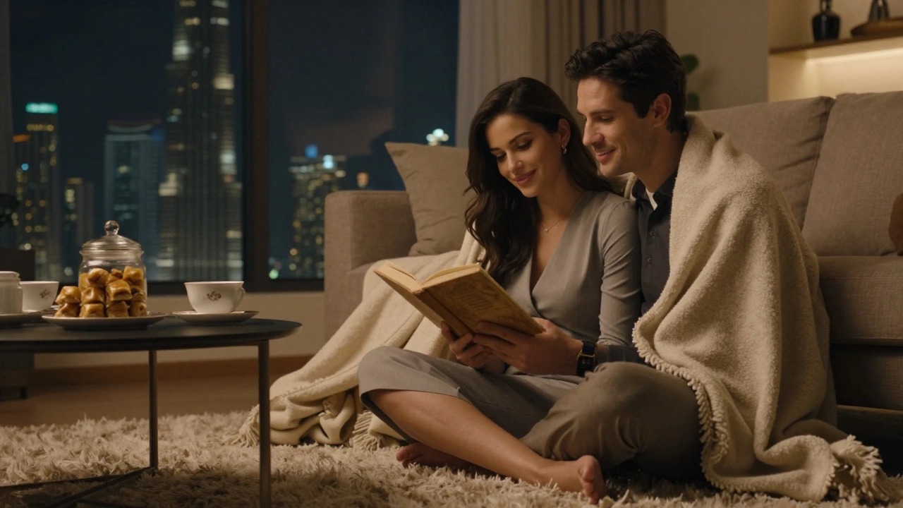 Two people share a quiet evening reading together in a cozy room with tea and baklava.